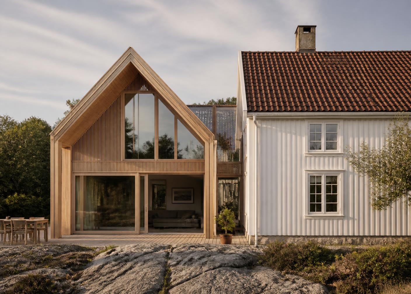 Moderne tilbygg i tre på eksisterende norsk enebolig